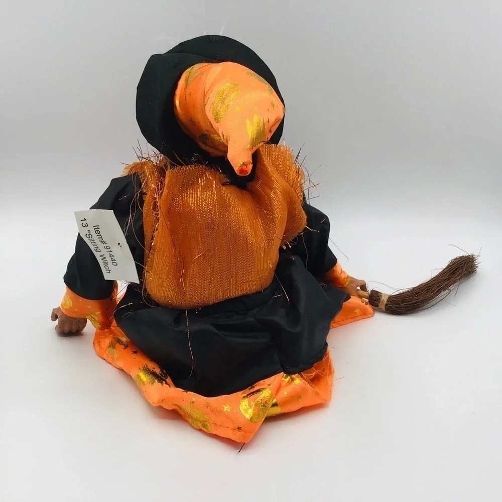 Halloween Witch 13” Doll Figure Whimsy Shelf Sitter Black Orange Dress Broom - Picture 6 of 8